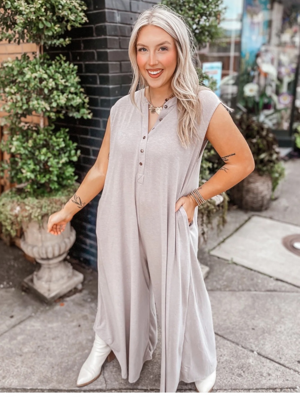 Three Bird Nest Grey Sleeveless Button-Front jumpsuit wide leg